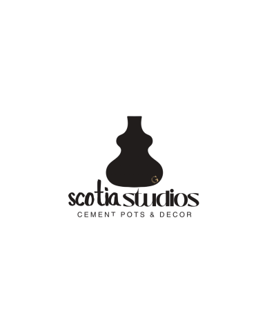 Logo of Scotia Studios featuring a guitar silhouette and the text "Cement Pots & Decor."