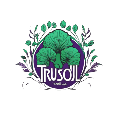 Logo featuring green ginkgo leaves with purple accents and floral elements around "TRUSOIL."