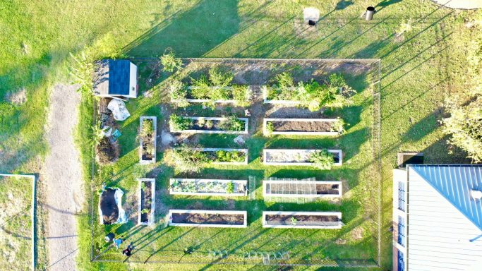 Aerial view of a community garden with organized planting beds and pathways.