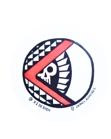 Logo featuring a skull and eye design with red accents on a black and white background.